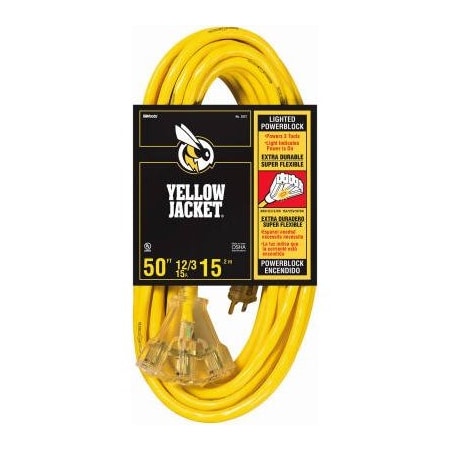 Southwire SJTW Extension Cord, 12 AWG, Indoor/Outdoor, 12/3, 3 Outlets, Yellow, PVC, 50 ft 2827